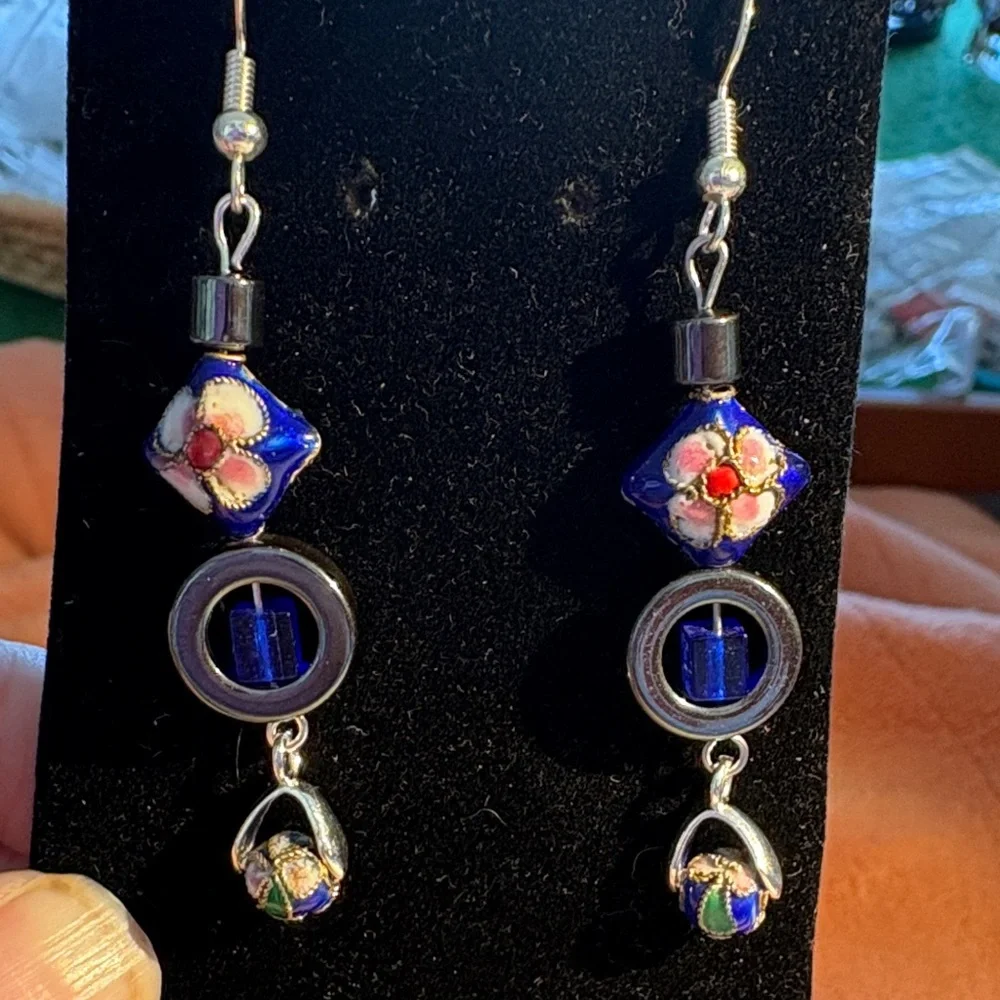 Hand Crafted Blue Cloisonné and Hematite Artistic Earrings - Picture 1 of 2